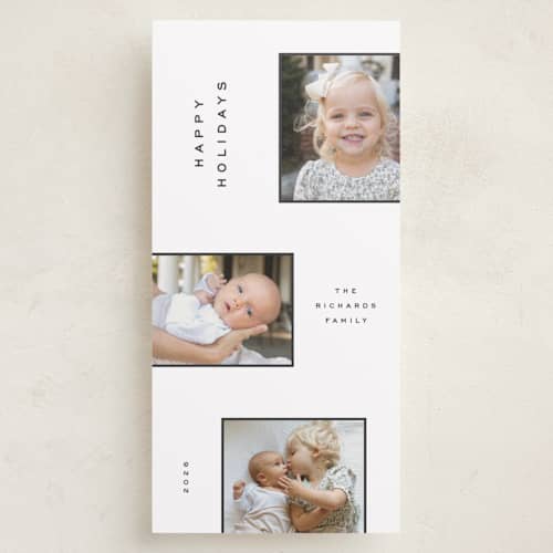This is a snow holiday photo cards with standard by Ellen Schlegelmilch called trio stack printing on recycled smooth signature in tall