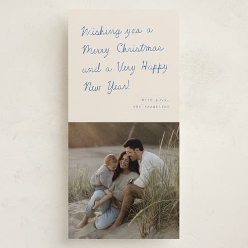 This is a cobalt holiday photo cards with standard by Kercia Jane called little letter printing on recycled smooth signature in tall