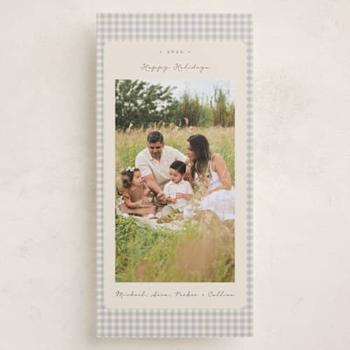 This is a ash holiday photo cards with standard by Emily Betts called gingham vintage printing on recycled smooth signature in tall