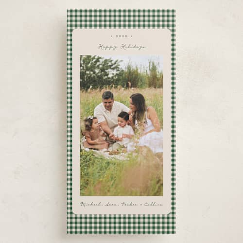 This is a fir holiday photo cards with standard by Emily Betts called gingham vintage printing on recycled smooth signature in tall
