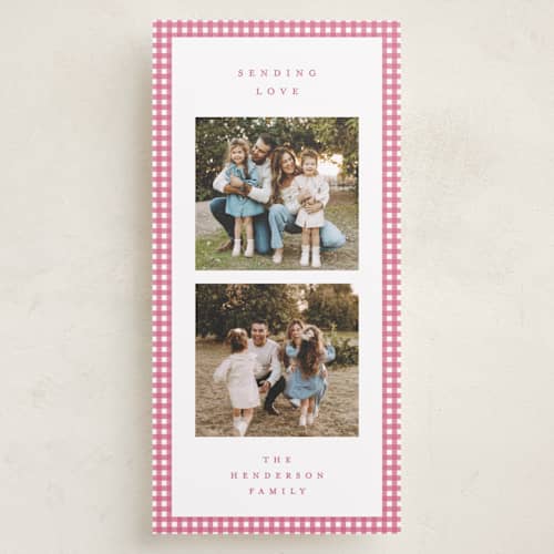 This is a peony holiday photo cards with standard by Kelly Watkins called gingham border printing on recycled smooth signature in tall