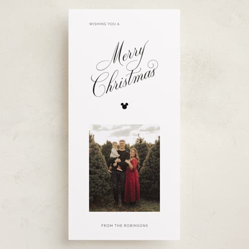 This is a snowy holiday photo cards with standard by Zove Ahhh called disney's mickey merry & magical printing on recycled smooth signature in tall