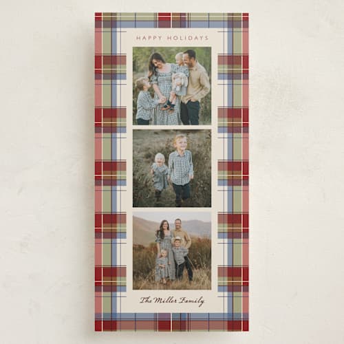 This is a cranberry holiday photo cards with standard by Elly called vintage plaid printing on recycled smooth signature in tall