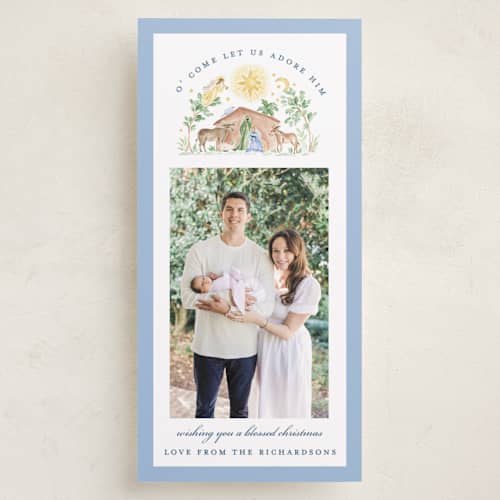 This is a starlight holiday photo cards with standard by Sarah Knight called painted nativity printing on recycled smooth signature in tall
