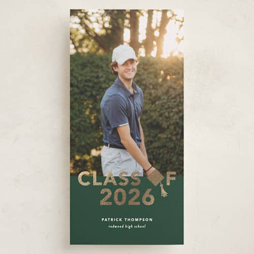 This is a forest graduation announcements with foil pressed by Creo Study called bold class printing on recycled smooth signature in tall