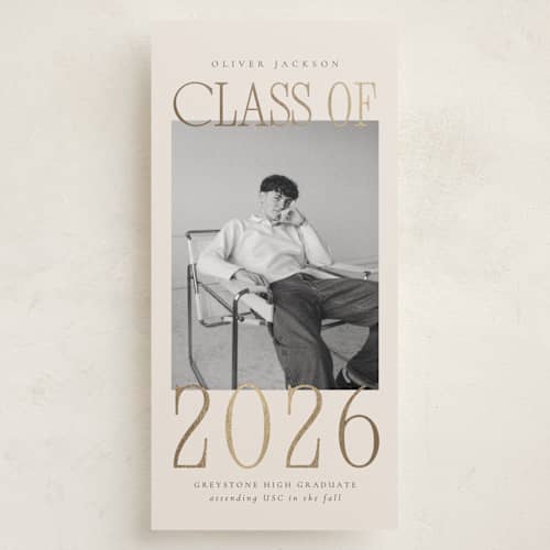 This is a tan graduation announcements with foil pressed by Nicole Walsh called shining class printing on recycled smooth signature in tall