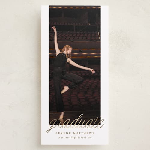 This is a coffee graduation announcements with foil pressed by Becky Nimoy called reach printing on recycled smooth signature in tall