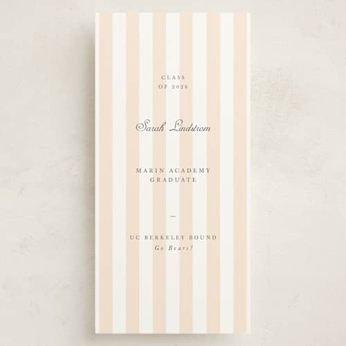 This is a peach graduation announcements with standard by Sara Hicks Malone called awning stripe printing on signature in tall