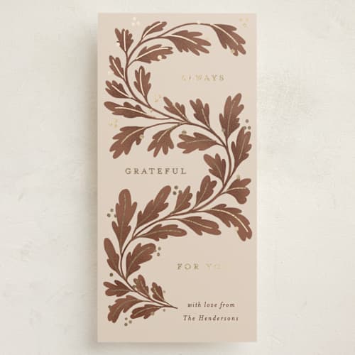 This is a copper foil pressed holiday cards with foil pressed by Bethan called leaf printing on signature in tall