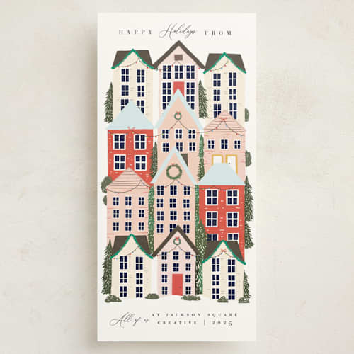 This is a snow holiday photo cards with standard by Hannah Williams called holiday village printing on signature in tall