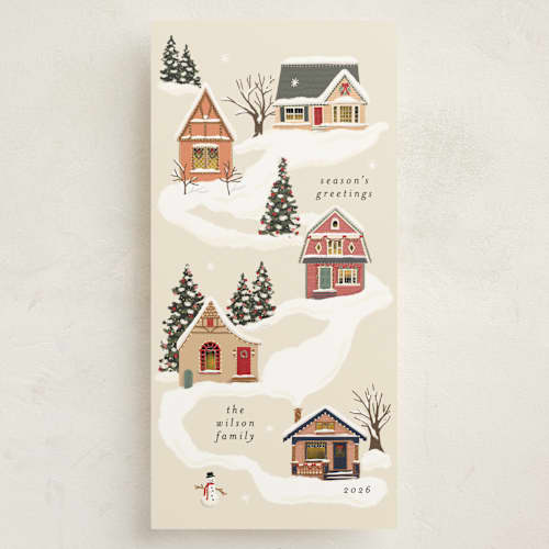 This is a vanilla holiday photo cards with standard by Becky Nimoy called snowy neighborhood printing on signature in tall