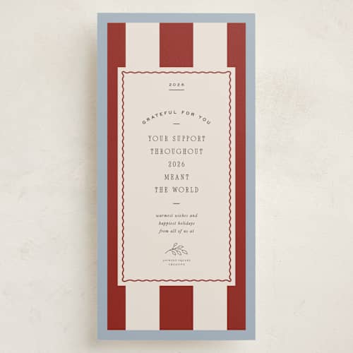 This is a santa suit holiday photo cards with standard by Blustery August called framed candy stripe printing on signature in tall