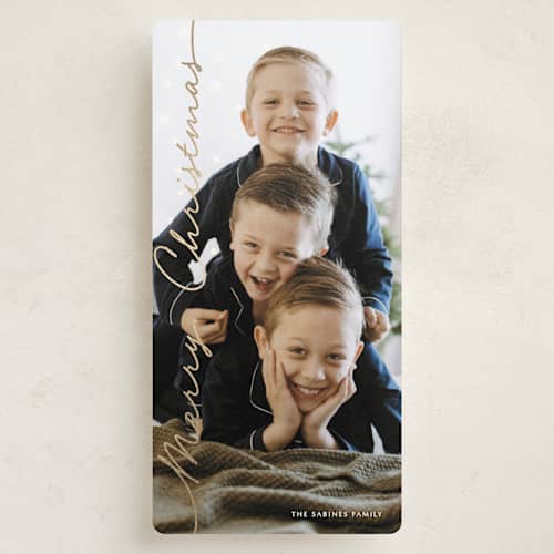 This is a sugar foil pressed holiday cards with foil pressed by Kaydi Bishop called side script printing on recycled smooth signature in tall