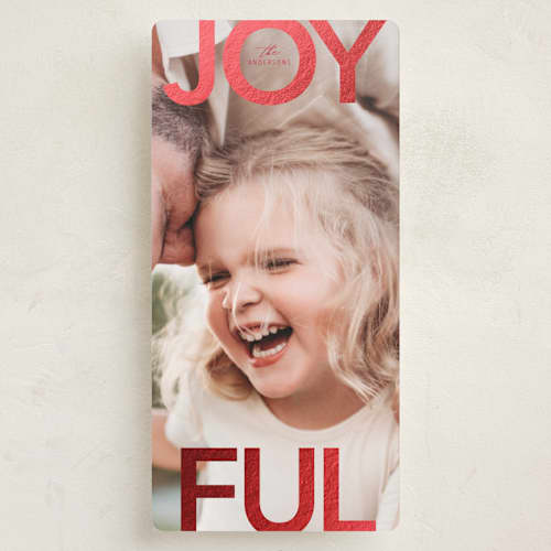 This is a cranberry foil pressed holiday cards with foil pressed by Stacy Maalouf called joyful printing on recycled smooth signature in tall