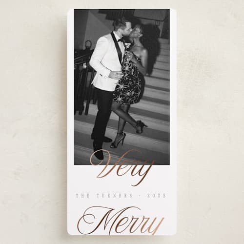 This is a pearl foil pressed holiday cards with foil pressed by Chryssi Tsoupanarias called gilded glam printing on recycled smooth signature in tall