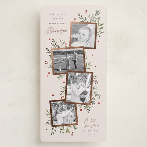 This is a champagne foil pressed holiday cards with foil pressed by Everett Paper Goods called botanically printing on recycled smooth signature in tall