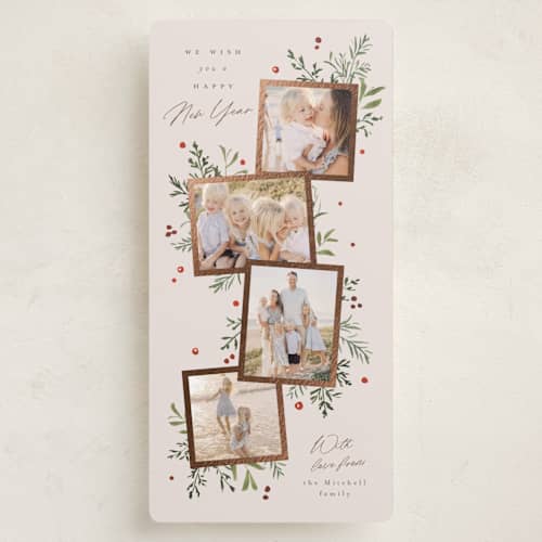 This is a champagne foil pressed holiday cards with foil pressed by Everett Paper Goods called botanically printing on recycled smooth signature in tall