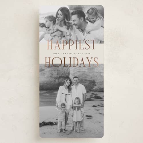 This is a latte foil pressed holiday cards with foil pressed by Michelle Taylor called happiest moments printing on recycled smooth signature in tall