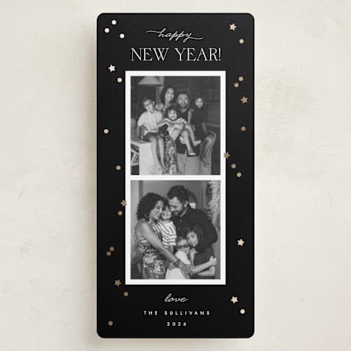 This is a noir foil pressed holiday cards with foil pressed by Emily Sabol Goss called new year confetti printing on recycled smooth signature in tall