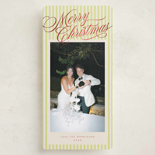 This is a spearmint foil pressed holiday cards with foil pressed by Emily Sabol Goss called stripes & scripts printing on recycled smooth signature in tall