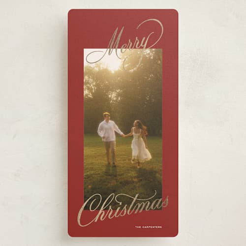 This is a santa suit foil pressed holiday cards with foil pressed by Creo Study called elegant script printing on recycled smooth signature in tall