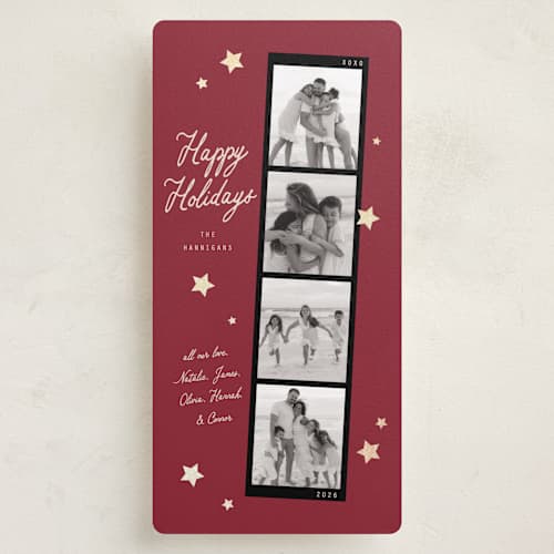 This is a maroon foil pressed holiday cards with foil pressed by Everett Paper Goods called scrapbook stars printing on recycled smooth signature in tall