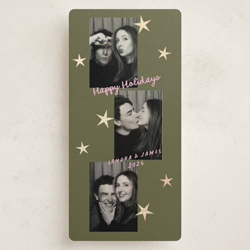 This is a moss foil pressed holiday cards with foil pressed by Claudia Orengo called photo booth star printing on recycled smooth signature in tall