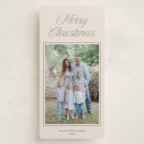 This is a sage holiday photo cards with standard by Annie Shapiro called prep printing on recycled smooth signature in tall