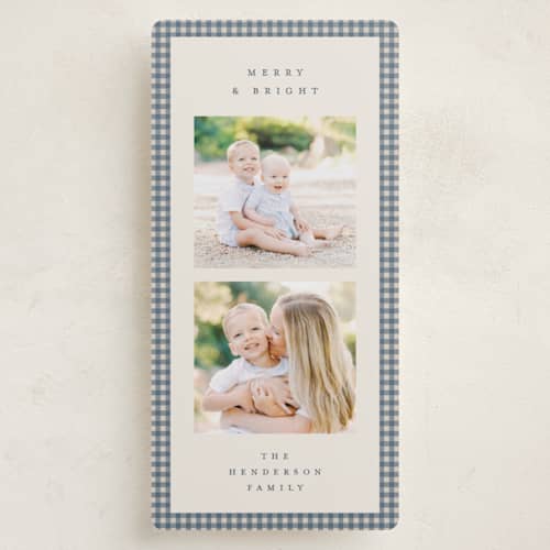 This is a blue spruce holiday photo cards with standard by Kelly Watkins called gingham border printing on recycled smooth signature in tall
