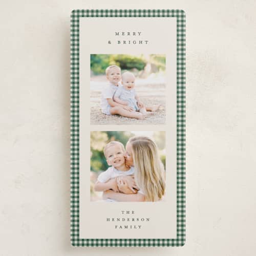 This is a rosemary holiday photo cards with standard by Kelly Watkins called gingham border printing on recycled smooth signature in tall