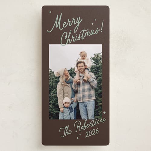 This is a mint chocolate holiday photo cards with standard by Stacey Meacham called merry bursts printing on recycled smooth signature in tall