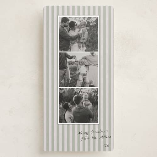This is a pine holiday photo cards with standard by Emily Betts called fabric photostrip printing on recycled smooth signature in tall
