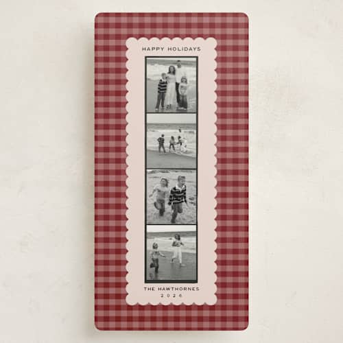 This is a rose holiday photo cards with standard by Jennifer Lew called gingham photostrip printing on recycled smooth signature in tall