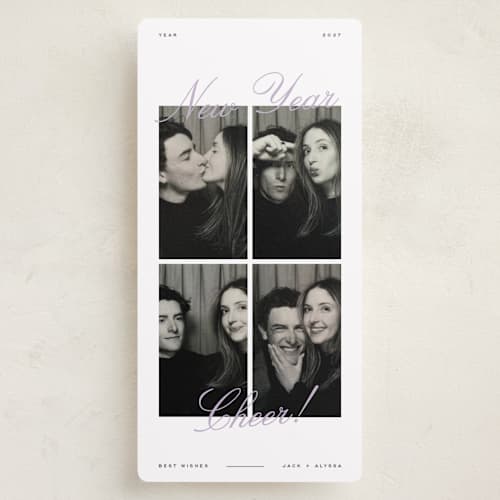 This is a lilac holiday photo cards with standard by Blustery August called cheers and best wishes! printing on recycled smooth signature in tall