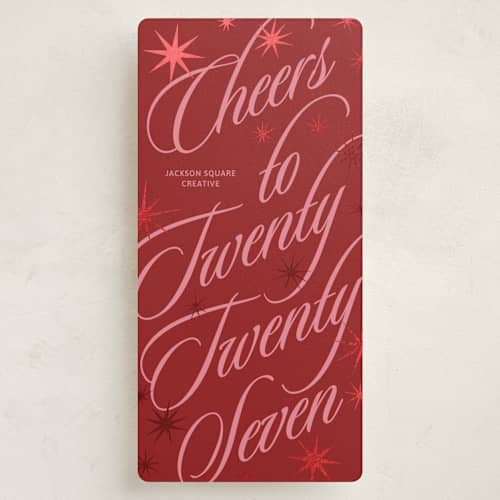 This is a cherry foil pressed holiday cards with foil pressed by Inkblot Design called long hand printing on signature in tall