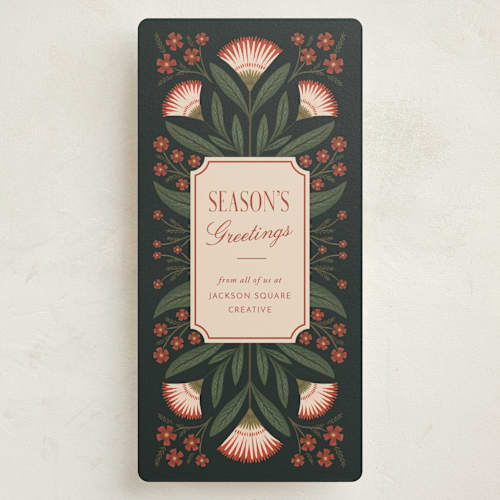 This is a forest holiday photo cards with standard by Laura Hankins called folk frame printing on signature in tall