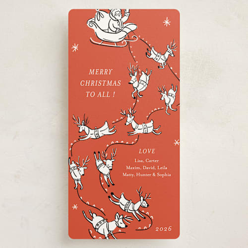 This is a santa holiday photo cards with standard by Becky Nimoy called santa and his sleigh printing on signature in tall