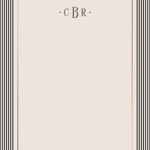 This is a linen foil stamped stationery with foil pressed by Kelly Schmidt called striped elegance printing on signature in 4.25x5.5