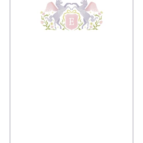 This is a blush kids thank you cards notes with standard by Masha Zimovich called unicorn crest printing on signature in standard