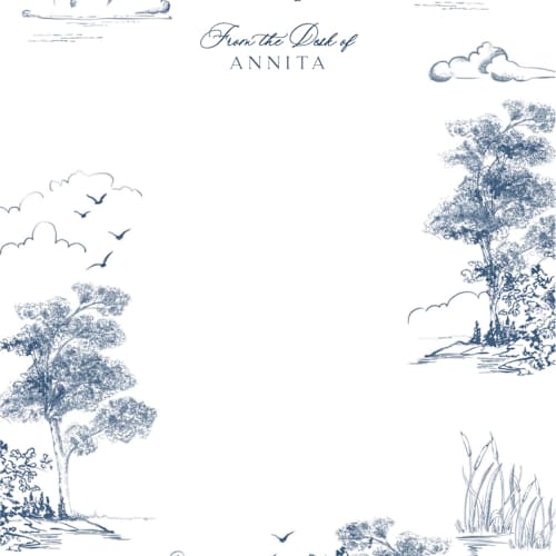 This is a lake personalized stationery thank you cards with standard by Lucrecia Caporale called lake side toile printing on signature in 4.25x5.5