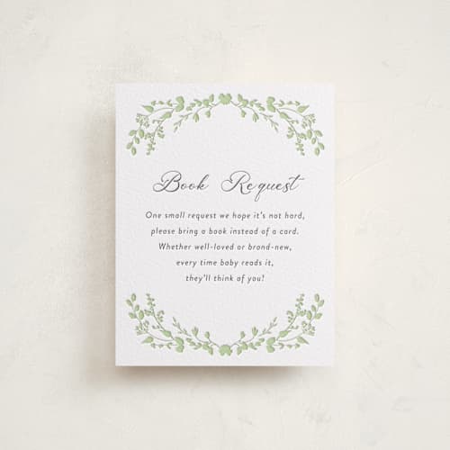 This is a matcha | soft black baby shower insert cards with letterpress by Susan Moyal called flower garden printing on white cotton in standard