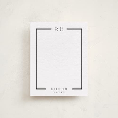 This is a soft black personalized stationery thank you cards with letterpress by Stacey Meacham called luster printing on white cotton in standard