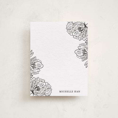 This is a soft black personalized stationery thank you cards with letterpress by Nicole Barreto called posh peonies printing on white cotton in standard