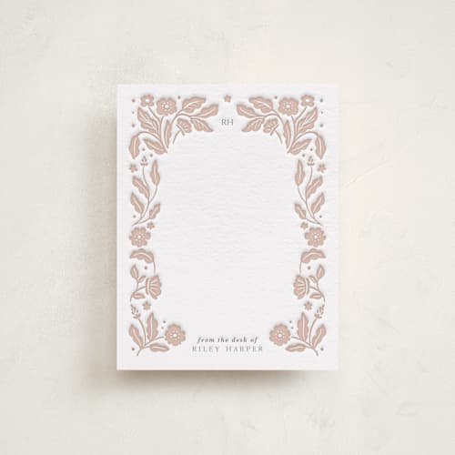 This is a sandstone personalized stationery thank you cards with letterpress by Elly called flowers bloom printing on white cotton in standard