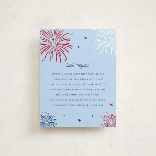 This is a navy baby shower insert cards with standard by Ilene Guy called americana printing on signature in standard