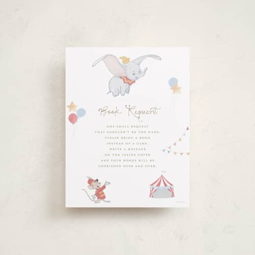 This is a pearl baby shower insert cards with standard by Teju Reval called disney's dumbo come one come all printing on signature in standard