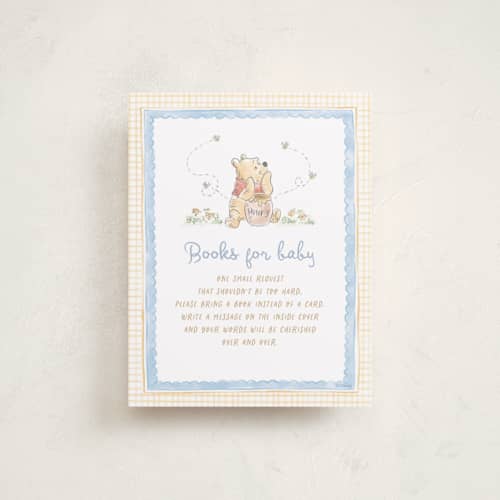 This is a pond baby shower insert cards with standard by Creo Study called disney's winnie the pooh and a lil hunny printing on signature in standard