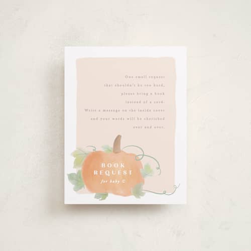 This is a blush baby shower insert cards with standard by Creo Study called lil pumpkin printing on signature in standard