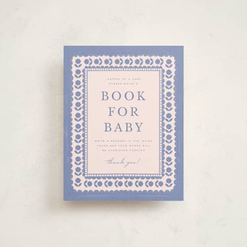 This is a powder baby shower insert cards with standard by Sierra Lee called heirloom printing on signature in standard