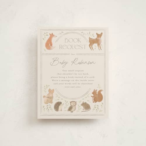 This is a ecru baby shower insert cards with standard by Creo Study called woodland storybook printing on signature in standard